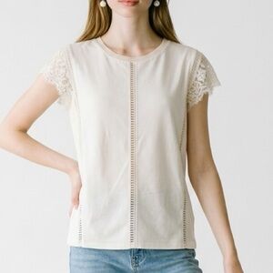 Sandro Lace Sleeve Crewneck Top in Cream T3/L